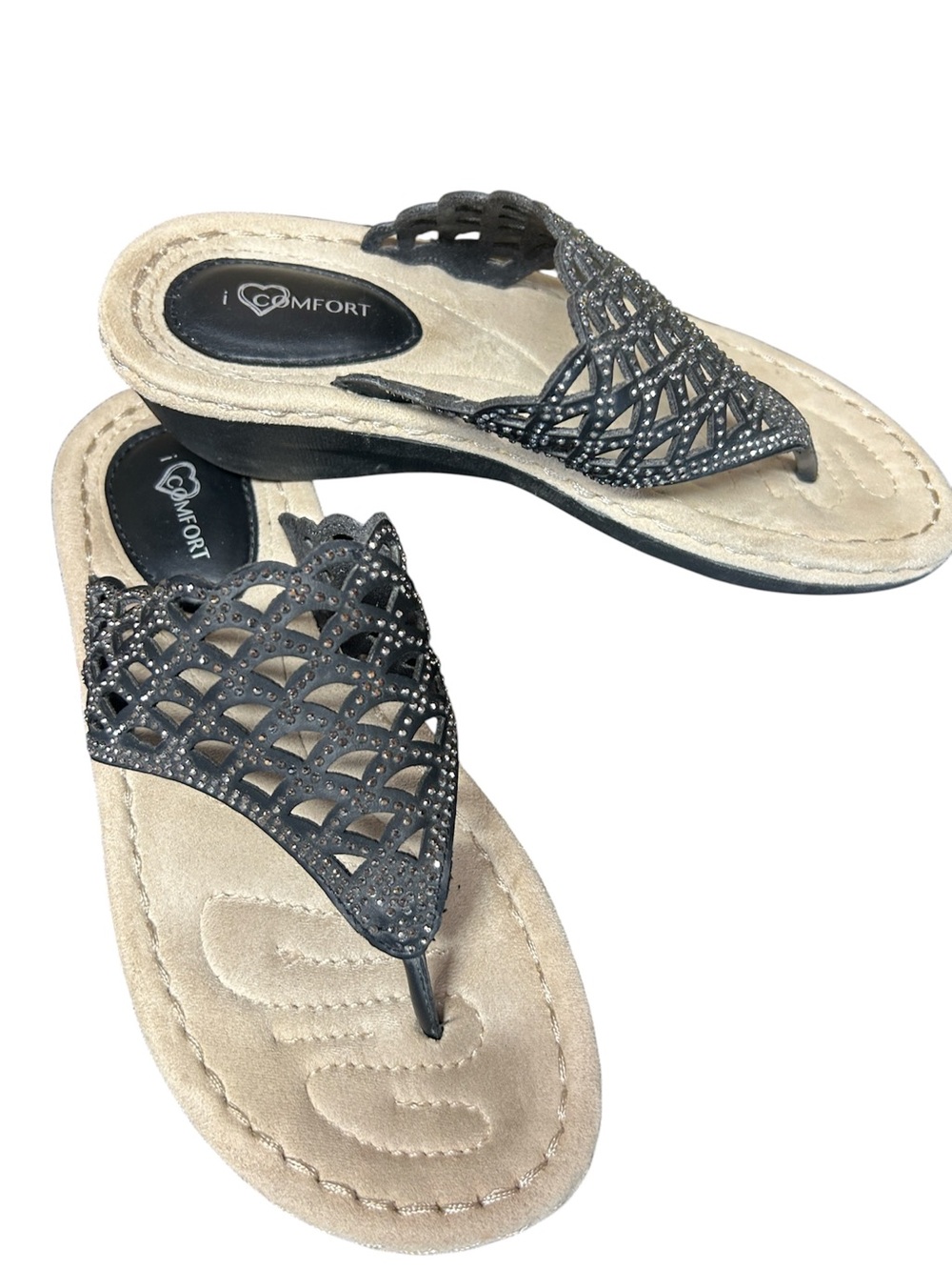 I Love Comfort 1.5” platform thong sandals with black lattice and gems, size 5.5